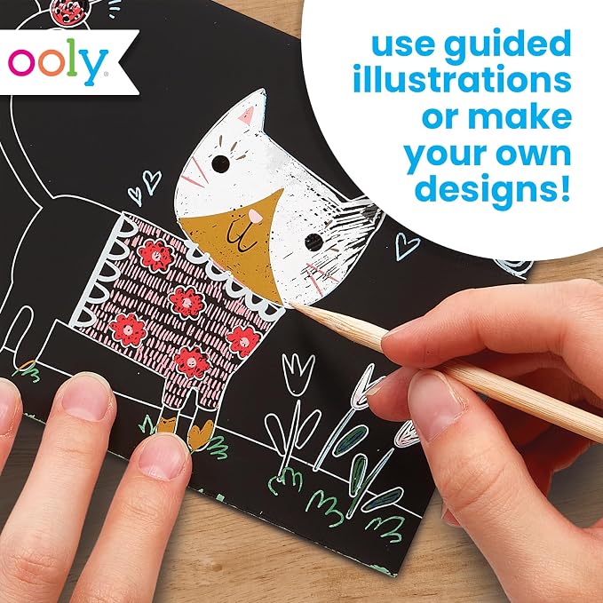 Ooly Mini Scratch & Scribble Art Kit, 6 Cards – Cutie Cats | Ages 6+, Wooden Stylus Included, Compact Car and Airplane Travel Activity, Screen-Free Craft, Fun Gift for Kids