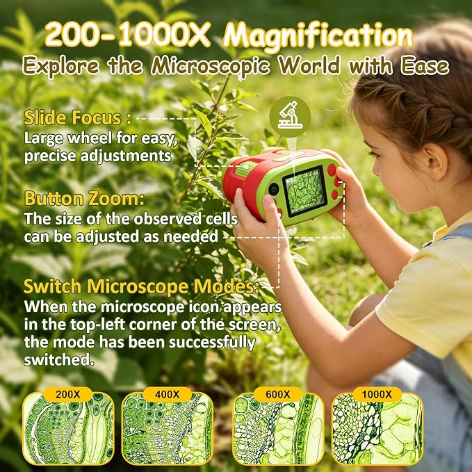 1000X Handheld Microscope for Kids 2.0" Screen 32GB Card Included | Rechargeable 3 in 1 Pocket Digital Kids Microscopes with Camera & Selfie Lens, Edu Science Kits for Kids 4-6 8-12 Red