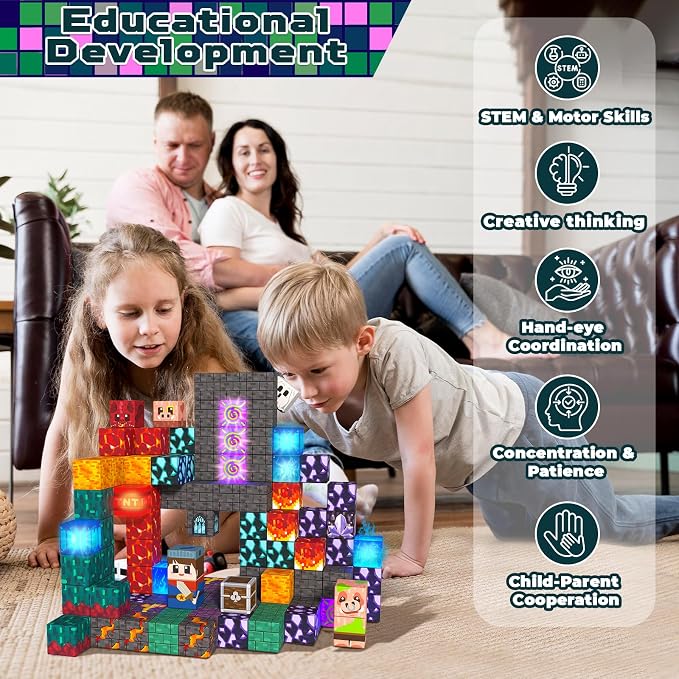 Light up Magnetic Blocks, 150PCS Magnetic Building Cube Game, Constructions Toys for Kids Age 3-4, 5 6 7 8 9 10, STEM Montessori Building Set for Kids, Building Stacking Toy Birthday for Toddlers