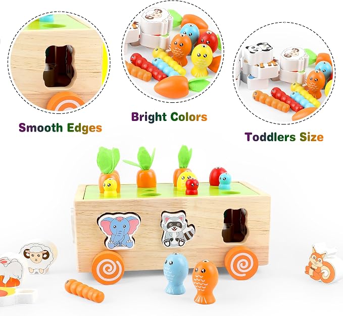 Montessori Wooden Pull Along Toy, Shape Sorting Educational Game for Toddlers 1-3 Years Old. Perfect First Birthday Gift for Baby Boys Girls, Preschool Learning Toy Develops Fine Motor Skills