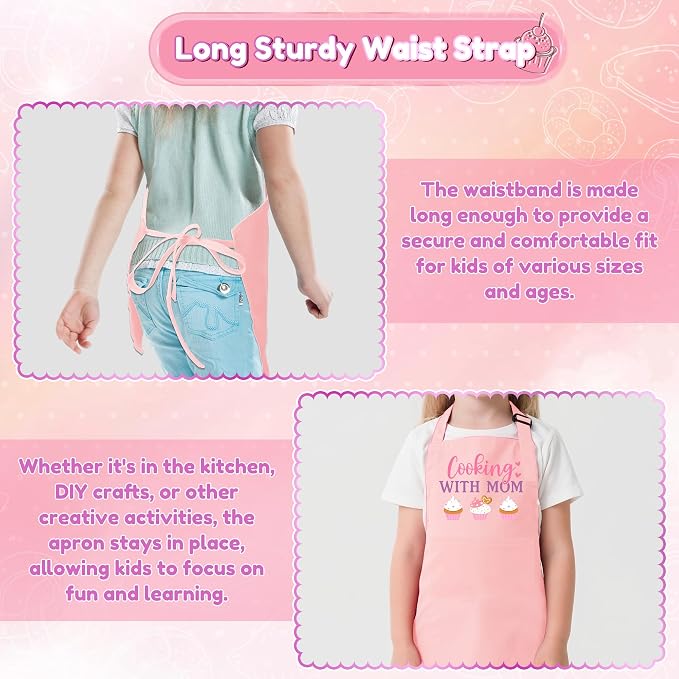 R HORSE Kid Apron and Chef Hat Set 2Pcs Adjustable Pink with Mom Cooking Children Kitchen Apron, Dress up Role Play Chef Toy Funny Cooking Baking Painting and Training Kit for Kids Birthday Party Gift