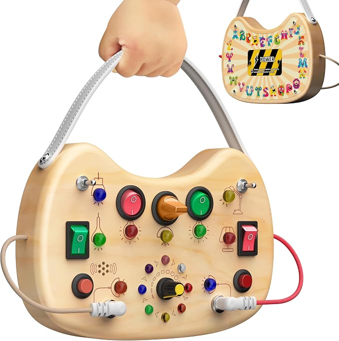 flycoost Busy Board with LED Light Switches,Toddlers Activity Board | Wooden Montessori Toys for 1 2 3 Years Olds,Portable Sensory Switch Board ,Car & Airplane Travel toys Boy&Girl Birthday Gift