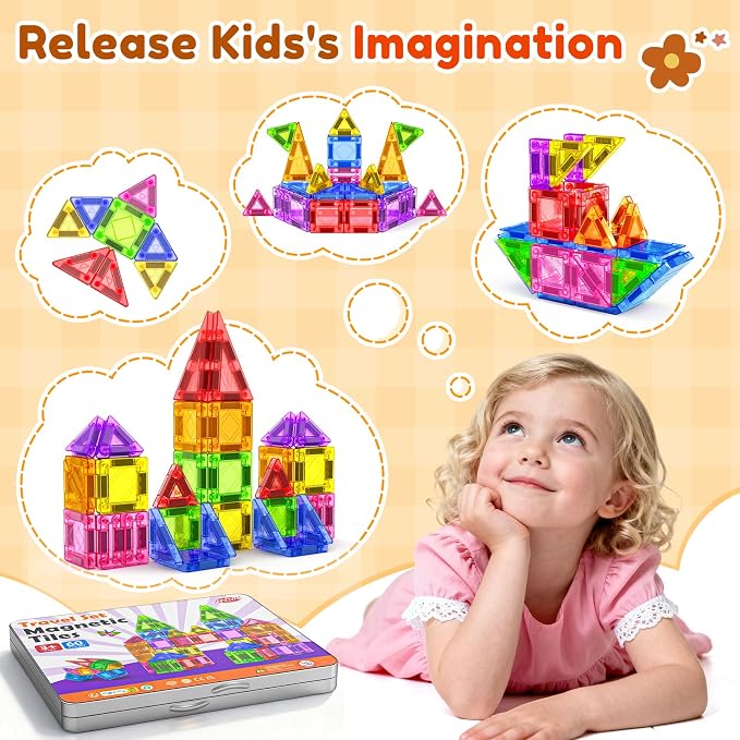 NVHH 60PCS Mini Magnetic Tiles Travel for Kids Ages 3-5 4-8 with Iron Box | Magnet Building Kids Toys for 3 4 5 6 7 8 Year Old Boy Girl Toddler Creativity Construction Sensory Christmas Birthday Gifts