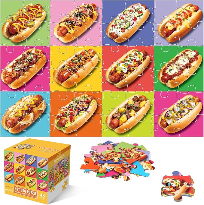 Jumbo Floor Puzzle for Kids,48 Piece Hot Dog Jigsaw Puzzle Ages 3-8 | Food-themed Learning Puzzle with Colorful Hot Dog,Extra-thick Cardboard,35x24 in Completed,Preschool Gift for Boys and Girls
