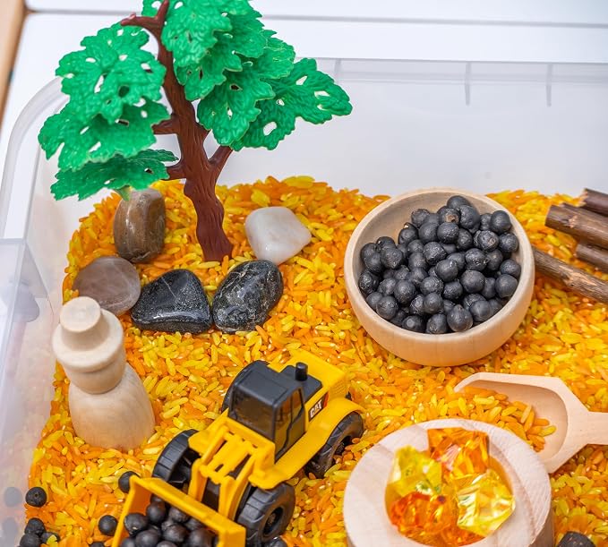 Construction Sensory Bin Kit for Kids | Taste-Safe Rice, Realistic Rocks & Logs, Wooden Tools & Vehicles – Includes Storage Bin – Montessori-Inspired Sensory Play