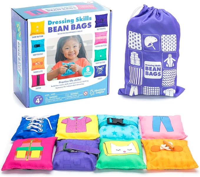 Educational Insights Dressing Skills Bean Bags - Montessori Busy Board Activites for Toddlers, Shoe Tying Practice, Occupational Therapy Toys, Teach Life Skills & Learn How To Dress for Kids Ages 4+