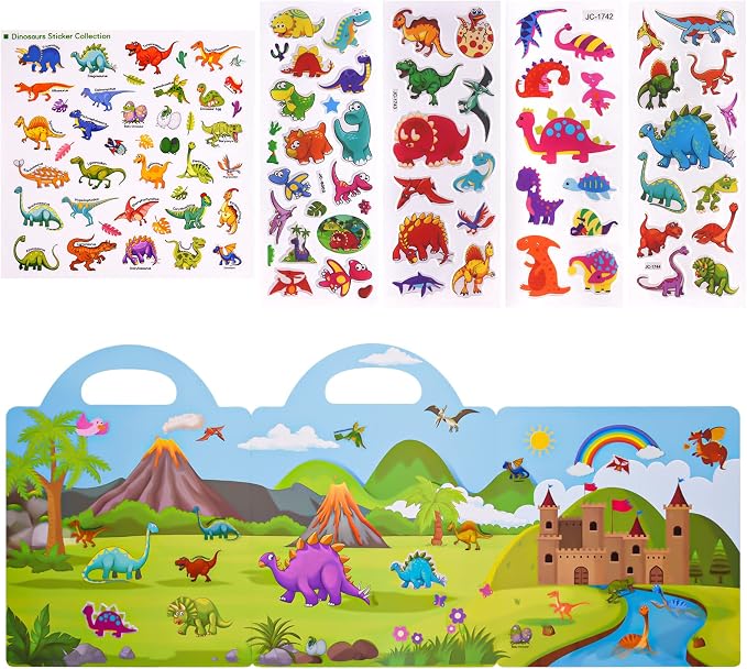 ASTARON Reusable Sticker Book for Toddlers, 88 Pcs Dinosaur Stickers Road Trip Activities Car Airplane Activities Travel Toys for Kids, Kids Quiet Time Activities (2-6 Age) | 88 pcs Reusable Sticker,Waterproof Jelly Stickers, Portable Travel Toys,Educa...