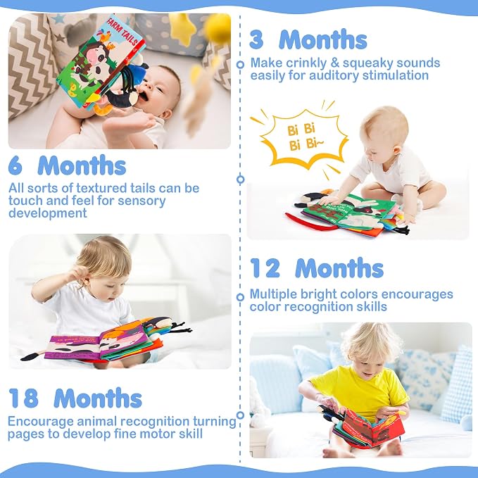 beiens Baby Books Toys, Tummy Time Touch and Feel Sensory Toys for Infant | Crinkle Cloth Book Toy for Baby 0-3-6-12-18 Months, Early Development Stroller Soft Toy, Newborn Shower Gift for Boy Girl