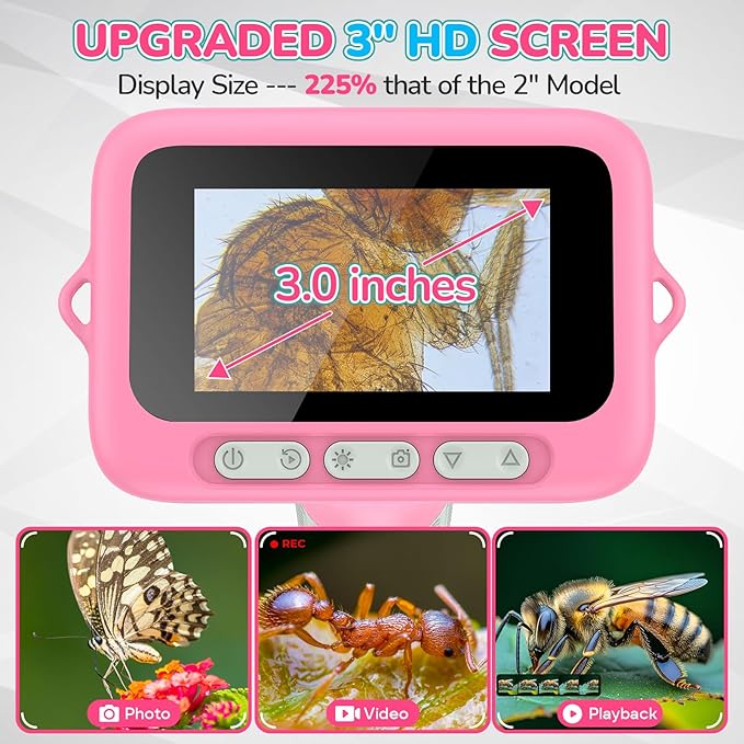 Kids Digital Microscope with 3-Inch Screen: STEM Toy Science Gift Ages 4-12 | 32GB Card, 1000X Zoom, Rechargeable, Photo/Video, Connect to PC, 8 LEDs, 6 Brightness Levels, One-Touch Capture