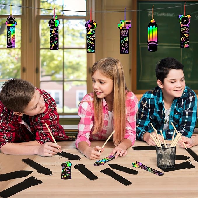 JUNEBRUSHS 30Pcs Welcome Back to School Scratch Bookmarks Rainbow Scratch | Back to School DIY Craft Kit, First Day of School Gifts for Students , Classroom Activity, Party Favors