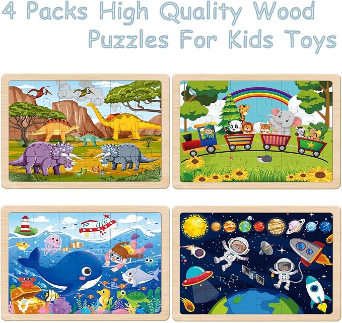 Wooden Puzzles Dinosaur Toys for Kids Ages 3-5, 4 Pack 24 Pieces | Wooden Jigsaw Puzzles Preschool Educational Learning Toys Gifts for 3 4 5 6 Year Old Boys and Girls