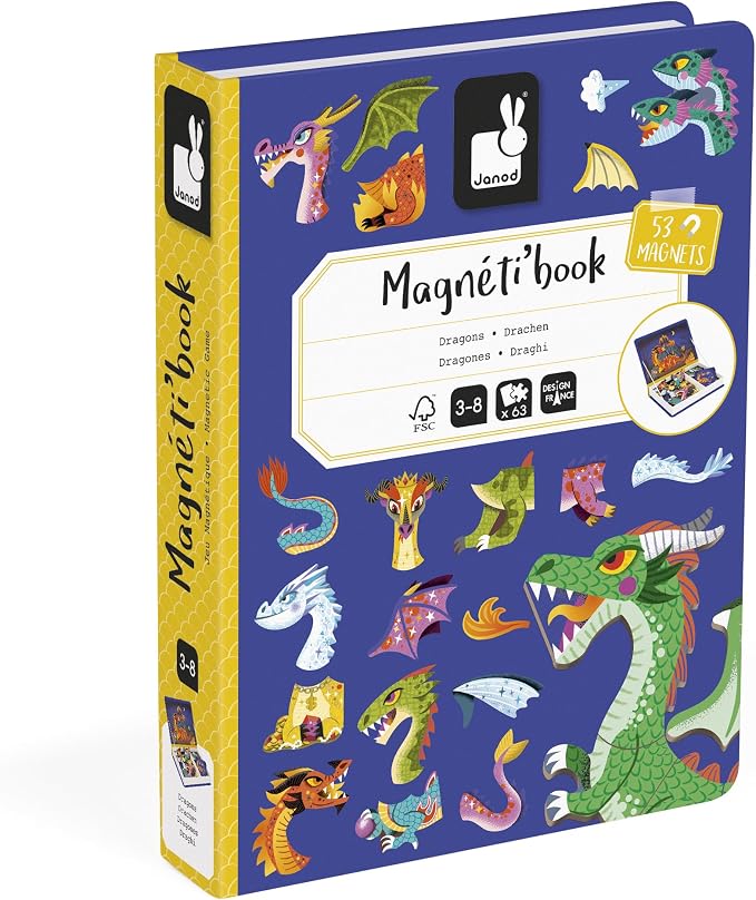 Janod - Magnéti'Book - Magnetic Game - Dragons - Purple | Cardboard Kids Toy - Develops Dexterity and Imagination - 63 Pieces - Ideal for Ages 3 and Up - Preschool Learning Activity