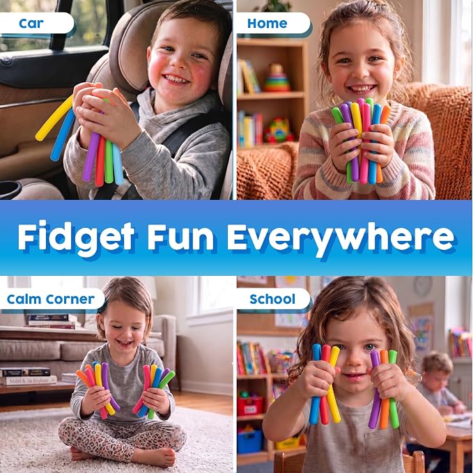 BUNMO Sensory Toys Stretchy Strings for Toddlers 3+ - Stimulating & Addictive Fidget Toys for Kids - Hours of Fun for Kids - Non-Mouthable Toy 3+ - Mini Smooth 12 Pack