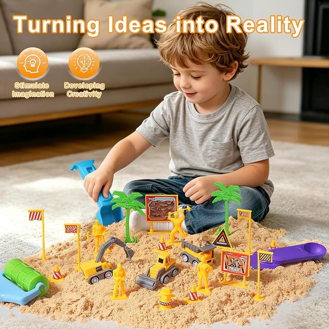 Construction Sensory Bin, 3.3lbs Sensory Sand, Play Sand for Kids 3+ | Sand Construction Site Kit, Construction Trucks, Traffic Signs, Worker Figures, Pretend Play Sand Toys for Boys Ages 3+