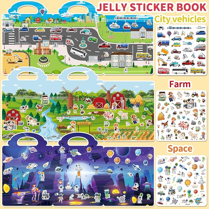6 Sets Reusable Sticker Book for Toddlers 3-6, Jelly Sticker Books for Toddler, Travel Sticker Activity Toys for Kids 3 4 5 6 Years Old Girls & Boys