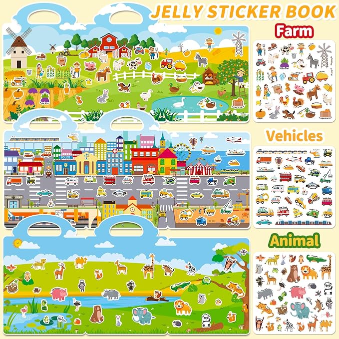 3 Sets Reusable Sticker Book for Toddlers 3-6, Jelly Sticker Books for Toddler, Travel Sticker Activity Toys for Kids 3 4 5 6 Years Old Girls & Boys（Farm + Vehicles + Animal）