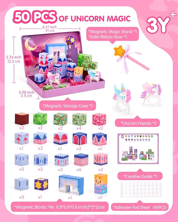 hahaland Unicorn Magnetic Blocks Travel Set Toy for Kids Ages 3-8, 50 Pcs | Includes Portable Magnetic Case, 2 Unicorn Figures, Magnetic Wand, 46 Pcs Mini Magnetic Cubes, Castle STEM Building Toy