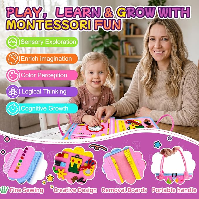 Montessori Busy Board for Toddlers 1-3, 4 Pages 15+ Activities Sensory Toy, ABC Numbers Colors Learning, Toddler Quiet Book Travel Toy, Preschool Educational Gift for Boys Girls, Pink Mermaid