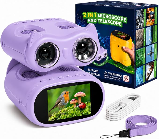 2-in-1 Kids Microscope and Telescope, 1000X Handheld Digital Microscope for Kids, 2.0" Screen, 8 LEDs, 10X Pocket Telescope for Outdoor, 1080P Camera STEM Toys Gift for Boys Girls 4-12, Purple