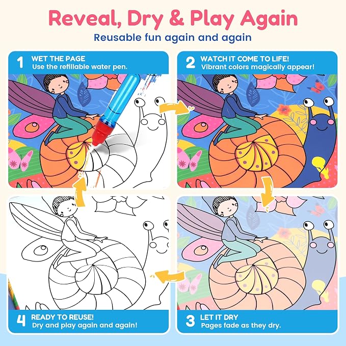 JoyCat Paint with Water Coloring Book for Toddlers, Reusable (Fairy) | Water Coloring Books with Water Pens, No Mess Travel Toy for Kids to Develop Creativity,Educational Learning Kits Gifts
