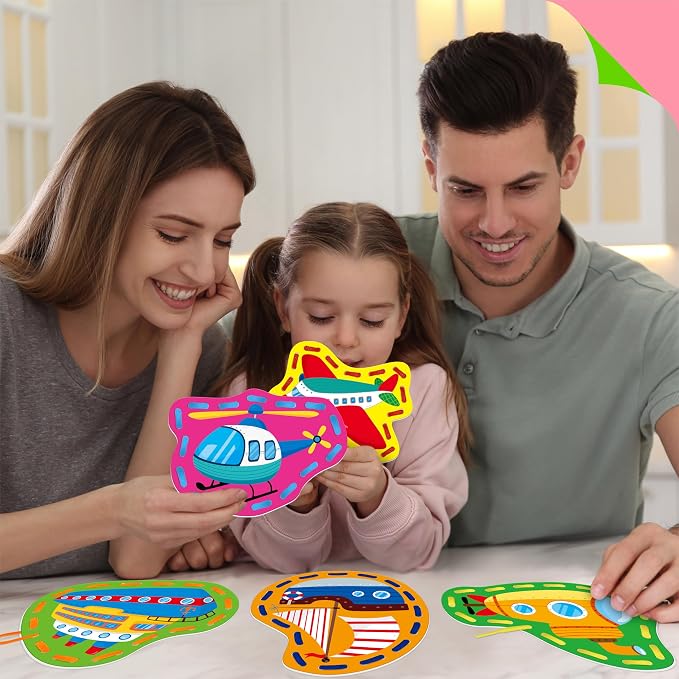 SpriteGru 9 Pieces Kids Lacing Cards, Double Sided Vehicle Sewing Cards with 9 Colorful Laces, Imagination Development Lacing Toys Games for Children Educational and Learning Activity