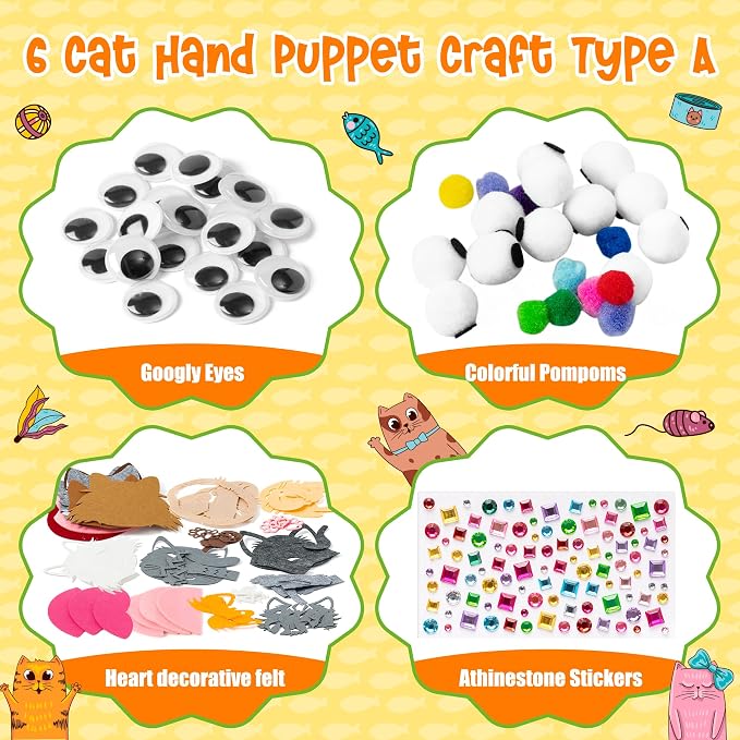 WATINC Hand Puppet Making Kit, Felt Sock Puppet Toys for Kids (Cat A) | 6 Styles, Make Your Own Storytelling & Role Play Crafts, Creative Group Activity, Party Favors & Gifts for Kids Ages 4-8