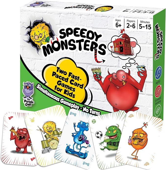 Speedy Monsters-Card Games for Kids Ages 4-8, Fast-Paced Monster Match Game | Two Games in a Box. No Reading Required. No Turns, Simultaneous Play. Builds Agility, Memory & Pattern Skills. 2-6 Players