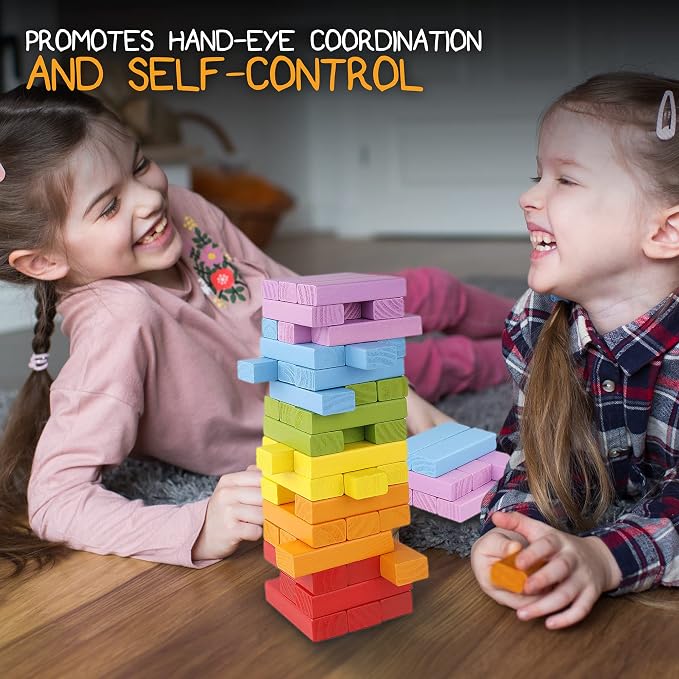 Pidoko Kids Wooden Tumbling Tower Blocks Stacking Game for Kids - 49 Pcs | Board Games for Family Game Night - Montessori Toys Gifts, Includes Storage Bag