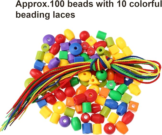TOODOO Plastic Lacing Beads with 100 Beads and 10 Colorful Strings, String Bead Set for Toddlers Preschool Learning Educational Occupational Autism Hand-Eye Coordination & Color Sorting Toys for Kids