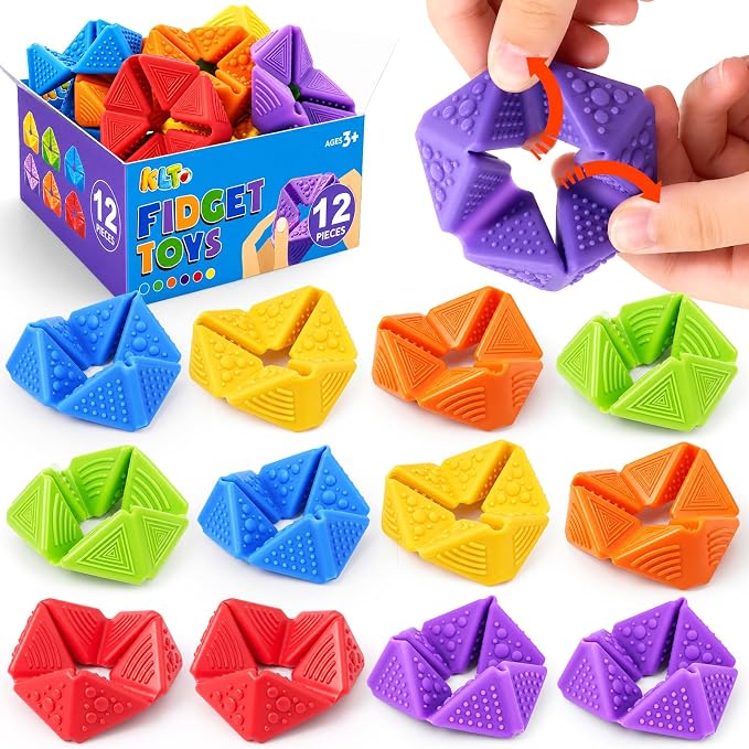 KLT Fidget Toys Bulk for Kids: 12 Pack Quiet Sensory Flip Toys with 4 Textures - Small Silicone Fidgets for Classroom Prize Box - Autism ADHD Calm Down Toys