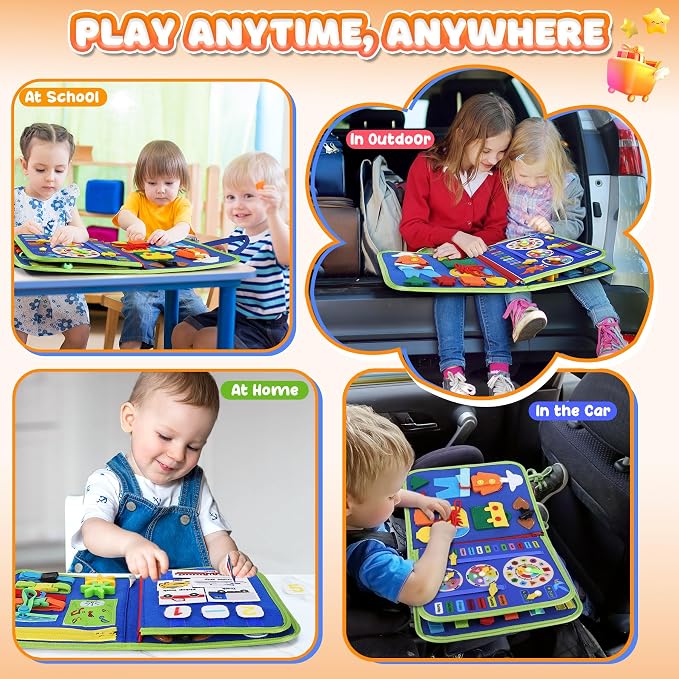Toddler Busy Board - Busy Book Montessori Toys Ages 3+, Fine Motor Skills | Preschool Learning Activities with Alphabet Number Animal, Educational Travel Toys Birthday Gifts for Kids