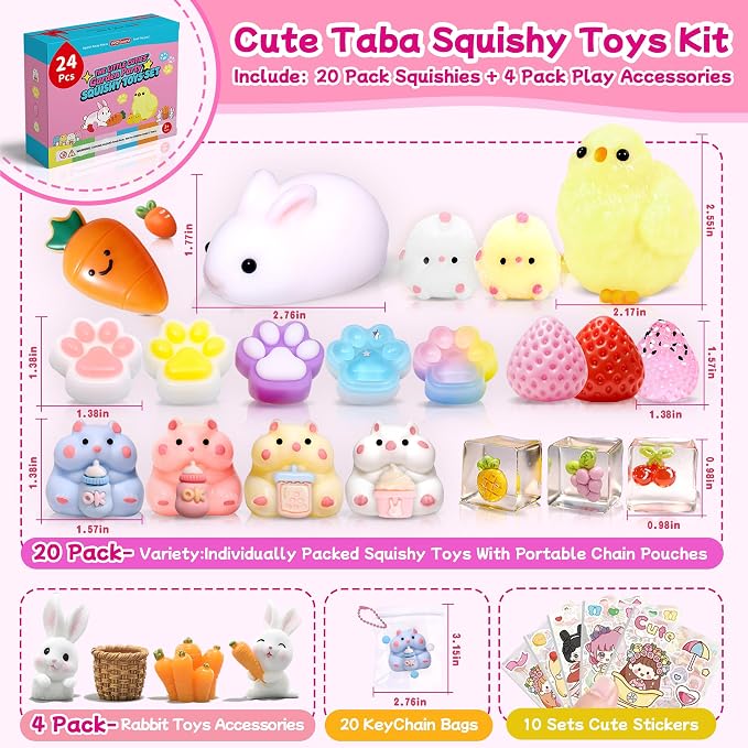24Pack Taba Squishy Toys kit for Kids- Fidget Squeeze Toys Squishy Fun Box | Taba Squishy Party Favors for Kids-Cute Squishies Toys for Girls 8-10-Goodie Bag Stuffers for Kids Fidgets for Classroom
