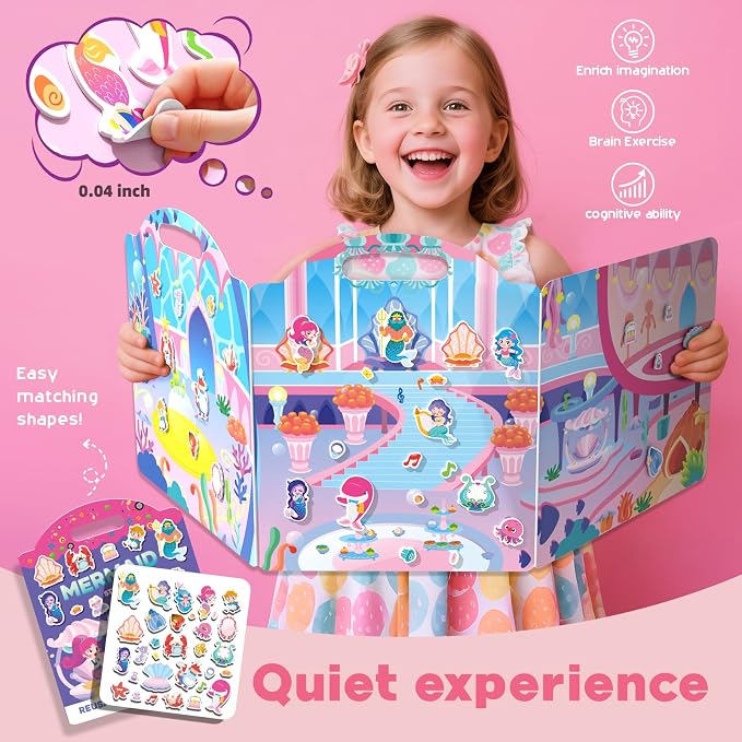 Premium Reusable Jelly Sticker Book Set for Toddlers & Kids – 3 Pack Collection with Castle, Mermaid & Children's Scenes | Washable Silicone Stickers | Screen-Free Travel Activity