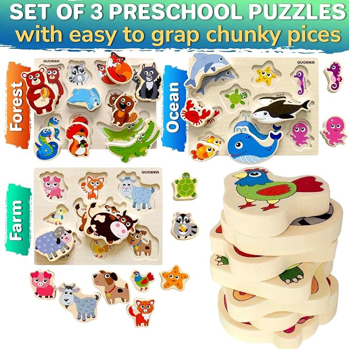 QUOKKA Wooden Puzzles for Toddlers 1-3 – 3xSET Toddler Puzzles Ages 2-4 – Montessori Animal Chunky Puzzle for Kids 3-5 – Wood Learning Toy for Boy and Girl – FSC Certified Wood