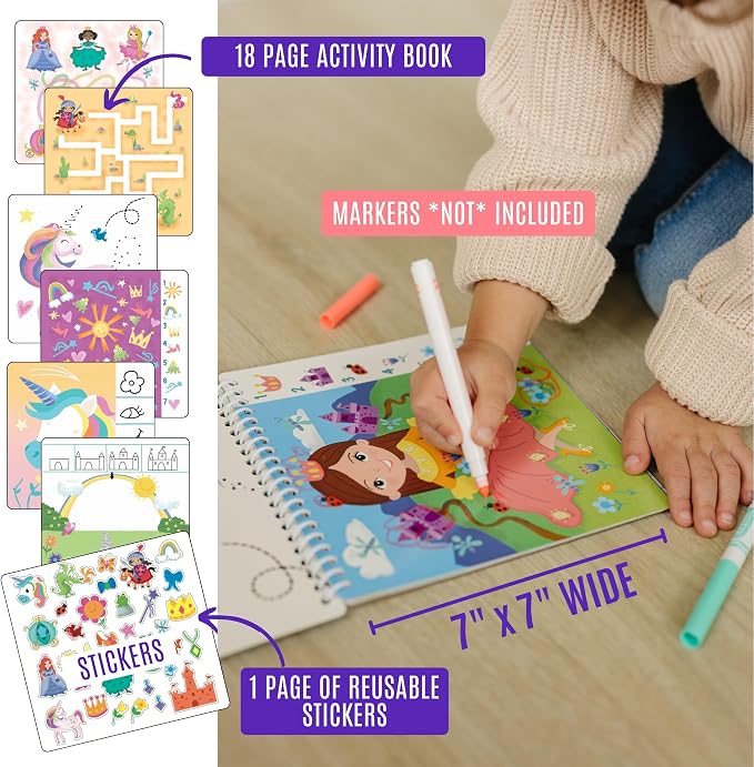 Totebook Dry Erase Activity Book for Kids - 18 Erasable Learning Games with Reusable Stickers, Travel Activities for Ages 4-6, Fits Case (Princess Theme)