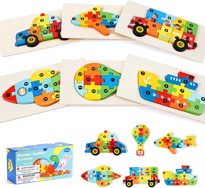 6 Pack Wooden Puzzles for Toddlers Ages 3-5, Montessori Vehicle Puzzle Toys | 60 Pieces, with Numbers 1-10, CPC certified, Educational Learning Toy, Birthday Gift for 3 4 5 Year Old Boys & Girls