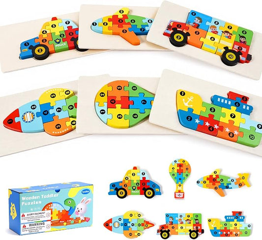 6 Pack Wooden Puzzles for Toddlers Ages 3-5, Montessori Vehicle Puzzle Toys | 60 Pieces, with Numbers 1-10, CPC certified, Educational Learning Toy, Birthday Gift for 3 4 5 Year Old Boys & Girls