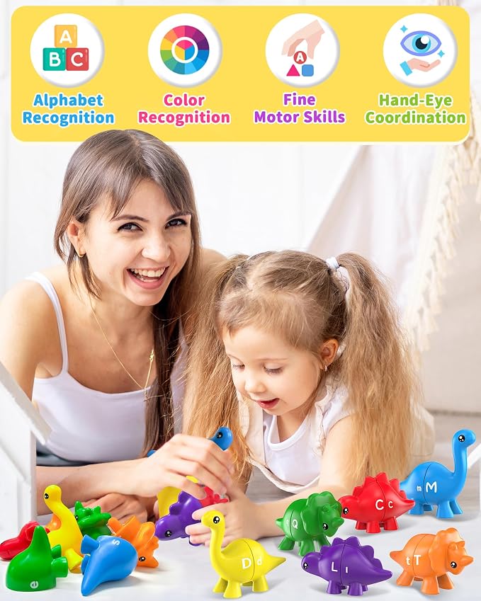Walenty 26PCS Dinosaur Alphabet Learning Toys for Toddlers Kids 3-5 | Montessori Educational Toys Gifts for 3 4 5 Year Old Boy Girl, Preschool Travel Activities, Double Sided ABC Matching Game