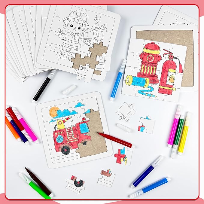 Cinrobiye 24 Pcs Firefighter Coloring Jigsaw Craft Kit for Kids, DIY Rescue Vehicle Activity Set Bulk with 12 Designs, Fire Truck Birthday Party Favors, Classroom Safety Projects