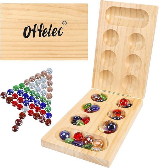 Offelec Mancala Board Game Set, Wooden Folding Board with 48 Colorful Glass Stones | Portable Travel Games for Adults | Classic 2 Player Strategy Game for Family Night