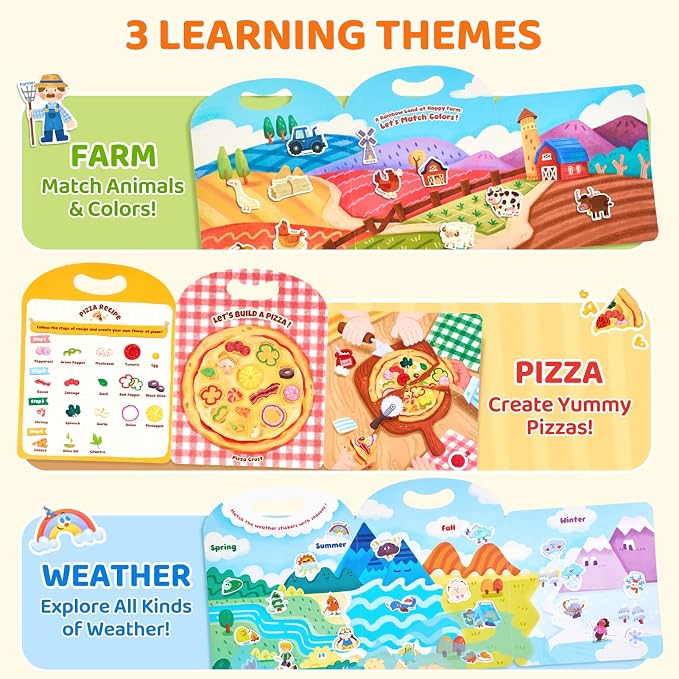 JoyCat Reusable Sticker Book Set, 3-Pack, 90 Stickers, Farm Pizza Weather | Washable stickers make kids sticker activity books and road trip travel toys for toddlers; birthday gifts for boys and girls.