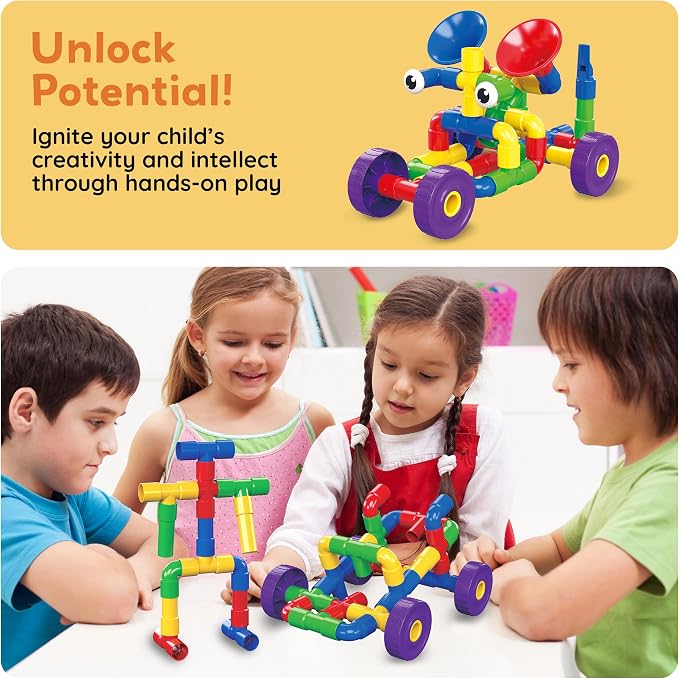 PicassoTiles PTT136 136pcs Tubular Pipes & Spout STEAM Interlocking Educational Building Block Set, Tube Locks, Pipeworks Construction Blocks w/Storage Container Box, Idea Book, Flute Musical Kit | 7 tube styles, easy-connect joints, idea guide, storag...