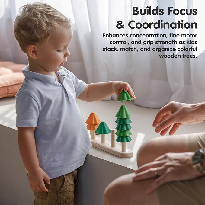 PlanToys® Wooden Sort & Count Trees Montessori Kids Counting Stacking Toy | wooden sort count trees, montessori counting stacking, numbers colour sorting logical thinking, educational learning, toddler