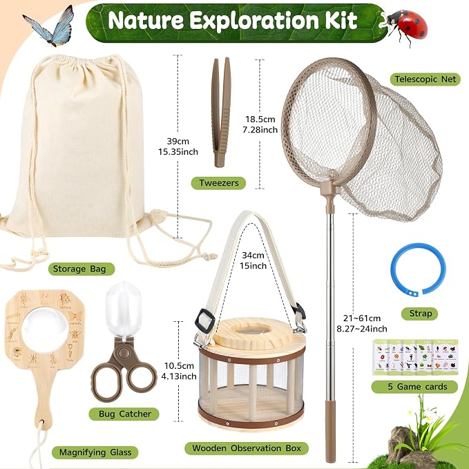 GAGAKU Wooden Bug Catcher Kit for Kids 4-8, Outdoor Explorer Set with Expandable Butterfly Net, Magnifying Glass, Tweezers, Educational Catching Toy for Backyard Camping, Gift for Boys Girls
