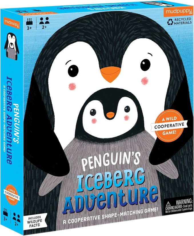 Mudpuppy Penguin's Iceberg Adventure Cooperative Game from Shape Matching Game with 1 Game Board, 2 Penguin Movers, 1 Snowflake Token, 29 Tiles & Wildlife Facts, Perfect for Family Game Night, 3++