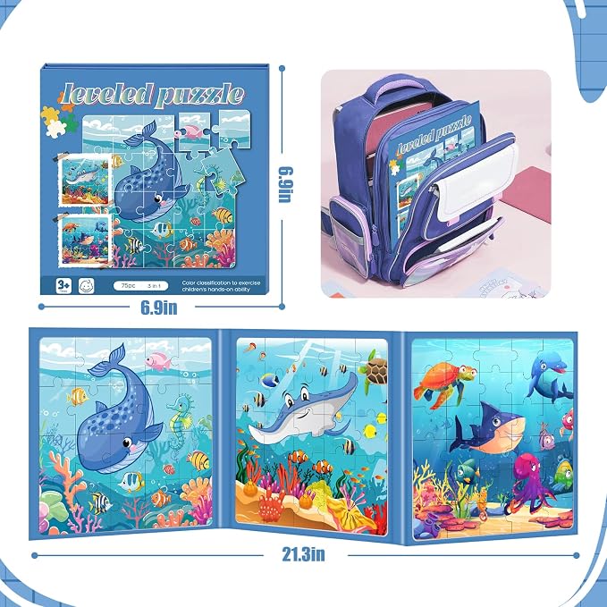 Magnetic Puzzles for Toddlers 3-5 Toddler Puzzle Travel Toys （Sea） | Jigsaw Puzzles for Kids 75-Pieces Travel Toys Sea Puzzles Ages 4-6 Road Car Trip & Airplane