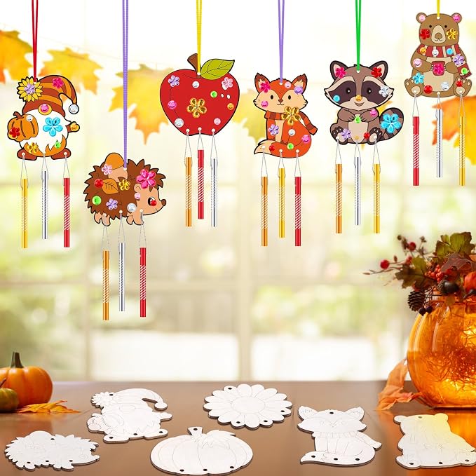 JellyArch 30 Pack Wind Chime Craft Kit, Wooden DIY Fall Animal Painting | 10 Designs Owl Fox Pumpkin Leaf Apple, Bulk Party Favors for Kids Adults, Includes Stickers Wood Sticks for Thanksgiving