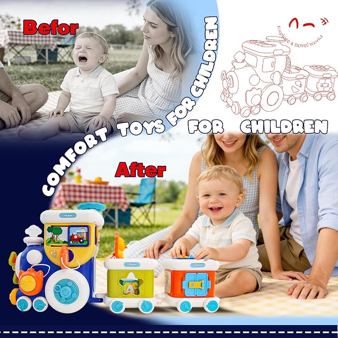 Montessori Educational Toys,busy cube train 10 in 1 baby toys for 12+ month | Toddler Developmental Toy with Lights and Sounds, Activity Cube Train Toy, Birthday Gift for 1 2 3 Years Old Boys Girls