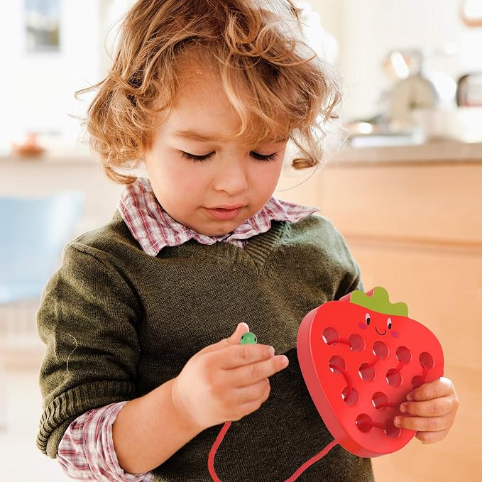 Wooden Lacing Threading Toys Fine Motor Skill Toys for 3 Year Old | Educational and Learning Montessori Toddler Travel Toy 1 Strawberry and 1 Dog