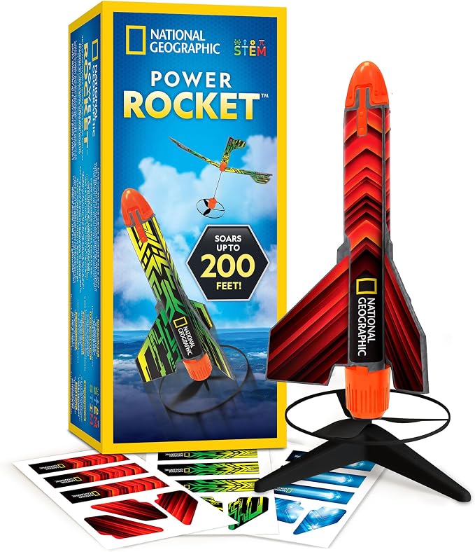 National Geographic Motorized Rocket Launcher for Kids Ages 8-12 | Launches Up to 200 Feet, Rechargeable Motor, 3 Flight Settings, Safe Helicopter Landing, Outdoor Space Toy, Birthday Gift